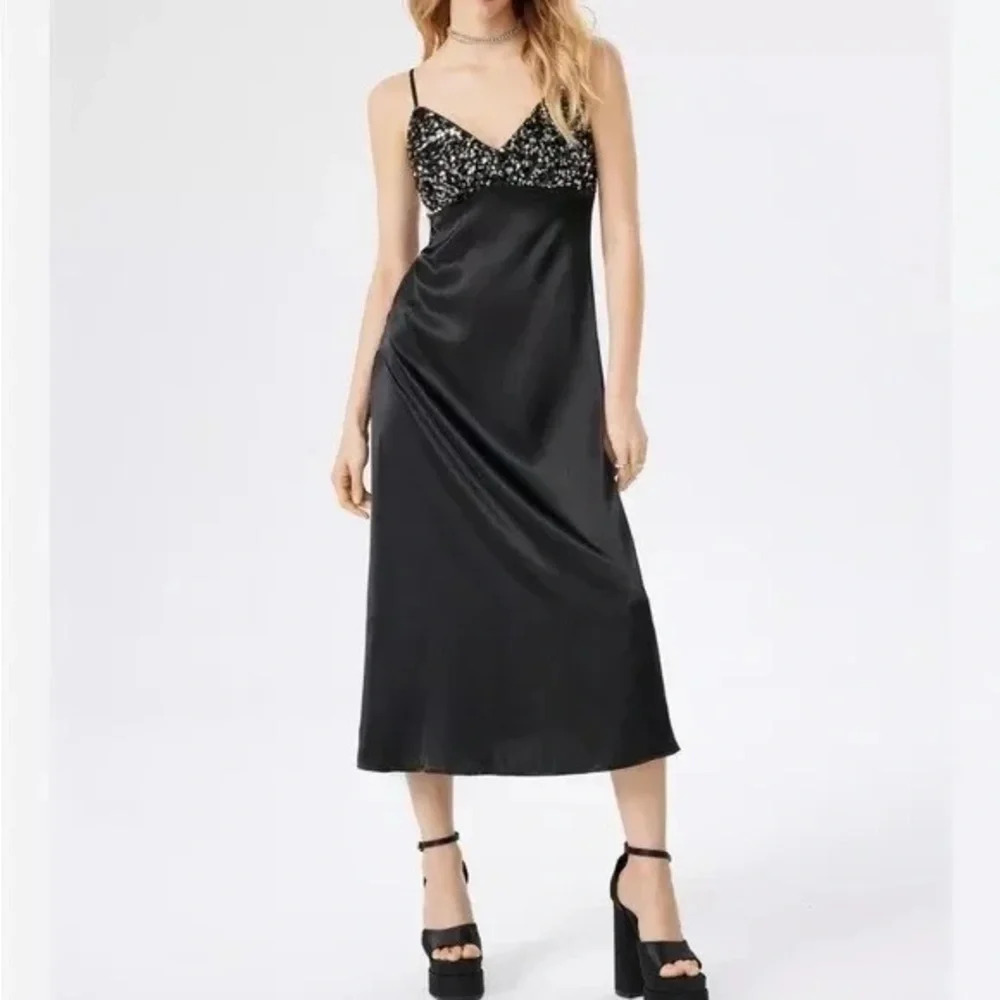 House of Harlow 1960 Black Satin‎ Slip Midi Dress with Sequin Bust Size XS